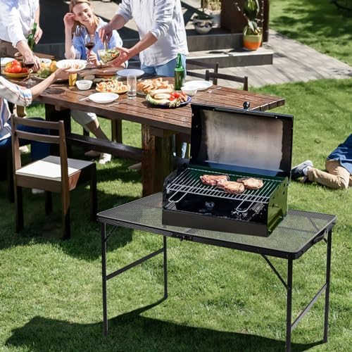 Folding Grill 3x2 FT Portable Camping Table, Lightweight Height Adjustable Metal Picnic Outdoor Table with Mesh Desktop and Mesh Bag, Beach and BBQ, Party