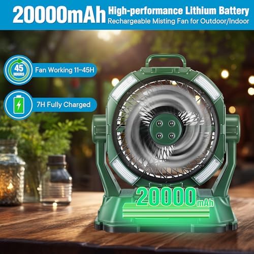 Portable Misting Fan,4 LED Lights&Stepless Speed Control & 4 Outlet Cooling Spray with 6L Bucket,Timer Function,Portable Handle,20000mAh Camping Fan for Patios/Fishing/Travel/Office Desk