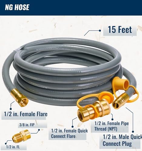 15 Feet 1/2 inch ID Natural Gas Grill Hose with Quick Connect Fittings, Natural Gas Line for Grill, Pizza Oven, Heater and More Low Pressure Appliance