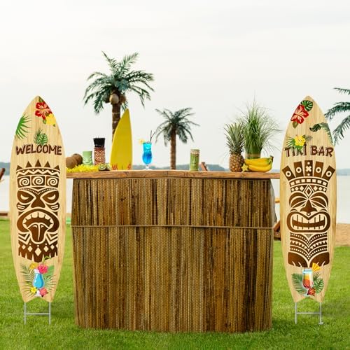 2 PCS Tiki Bar Surfboard Yard Signs Surfboard Beach Signs with Stakes Hawaiian Luau Party Decoration Summer Theme Decor for Tiki Bar Beach Outdoor