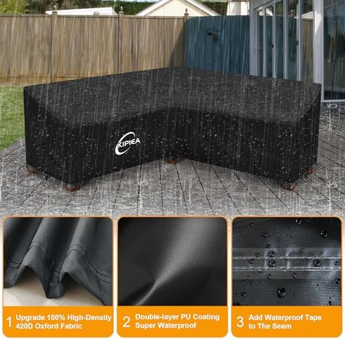 Kipiea Patio V-Shaped Sectional Sofa Cover, 420D Heavy-Duty Oxford Fabric Outdoor Sectional Cover with 6 Windproof Buckles, Anti UV and No Tears, No Fading (85"/85" L x 33.5" D x 31" H) Black