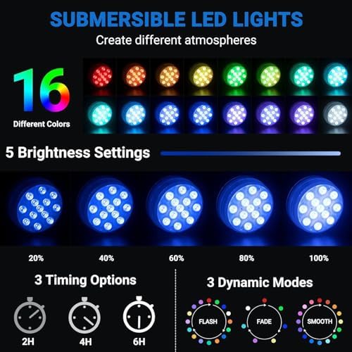 LOFTEK Submersible LED Lights with Remote, 13 LED Pool Lights for Inground Above Ground Pool with Magnets &10 Suction Cups,16 Color Changing Underwater Light for Ponds Battery Operated (4 Packs)