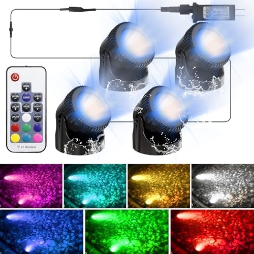 RGB Underwater Pond Lights, 20 Colors Dimmable Submersible Led Fountain Lights with Timer, IP68 Waterproof with Remote Control for Outdoor Ponds Aquarium Garden Pool (Set of 4)
