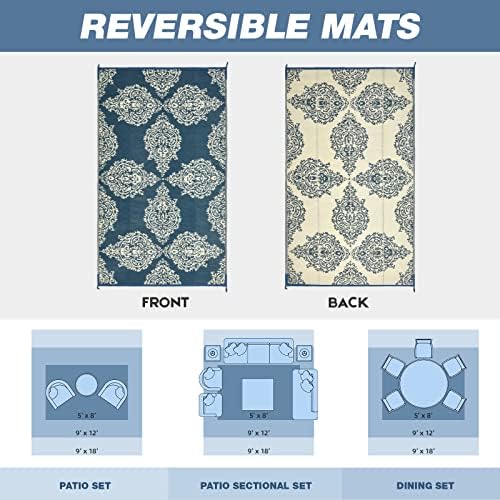 wikiwiki Outdoor Rug, 5x8ft Waterproof Reversible Mat Indoor Outdoor Rugs Carpet, Small Area Rug Plastic Straw Rug for Patio Deck Balcony Pool RV Camping Beach Picnic, Blue & Beige, Rugscape Series