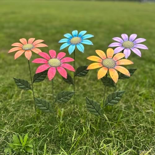 Metal Flowers for Outside,5 Pack 16.15" Decorative Garden Stakes with Swaying Flowers Head Yard Art,Spring Garden Decor for Lawn, Pathway & Yard