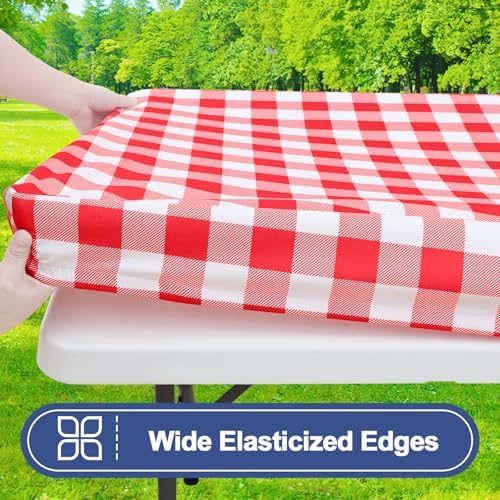 Smiry Picnic Table Cover with Bench Covers, Waterproof Elastic Fitted Tablecloths for 6 Foot Rectangle Tables, Washable Buffalo Plaid Tablecloth for Camping, Outdoor (Red & White, 30"x72")