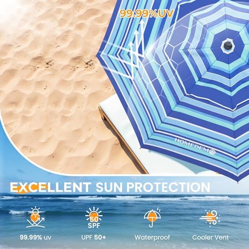 HOMEDEMO 7ft Beach Umbrellas For Sand Heavy Duty Wind, Portable Beach Umbrella UPF 50+ Windproof Outdoor Beach Umbrella with Sand Anchor, Tilt Pole, Carry Bag, Table Tray, Vent and Hook
