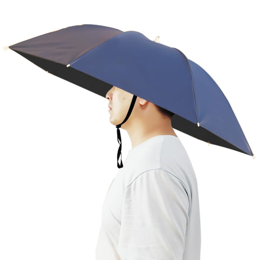 Bocampty Umbrella Hat, 37 inch Fishing Umbrella Hat Hands Free Foldable UV Protection Umbrella Cap Adjustable Headwear for Fishing Golf Gardening Sunshade Outdoor Navy Blue