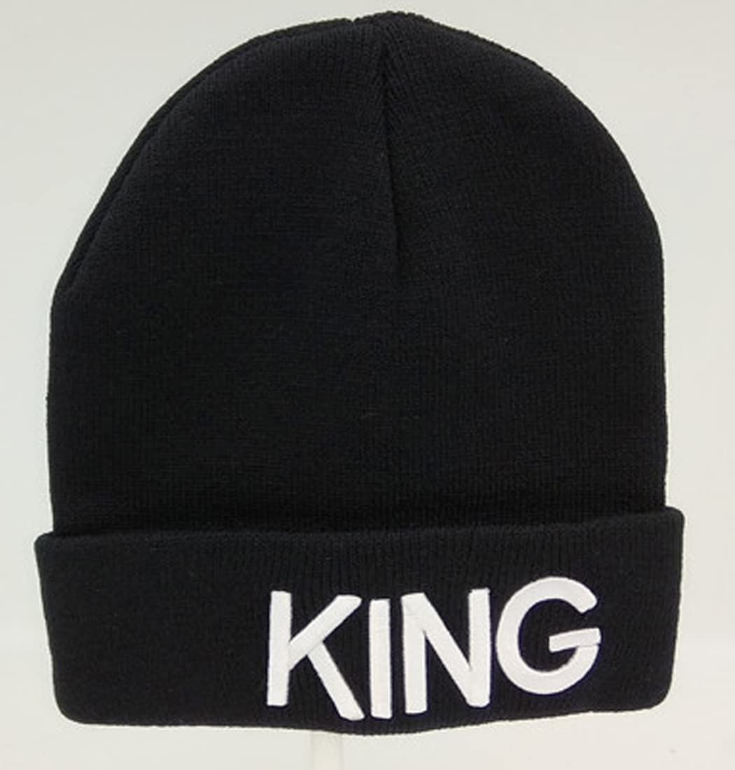 YIQAUMA King and Queen Beanies Couple Skullies Knit Hats with Queen King Necklaces (Black), One Size