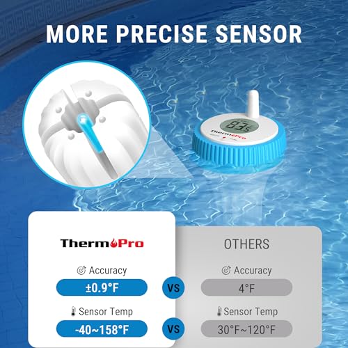 ThermoPro Waterproof Wireless Pool Thermometer Easy Read, Digital Pool Thermometer Floating for Swimming Pool, Upgraded IPX8 Water Temperature Monitor for Hot Tub/Cold Plunge/Ice Bath/Aquarium/Pond