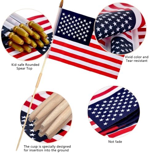 12 Pcs 12x18 Inch American Flags on Stick, American Flags for Outside, USA Stick Flag with Handheld and Grounded Multi-Purpose Flagpole, Memorial Day Decorations, 4th of July, Veterans Day, Patriotic Decorations