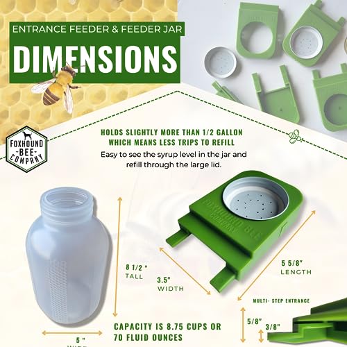 Foxhound Bee Co: Honey Bee Feeder for Beekeeping with Plastic Entrance Feeder and Extra Large Half Gallon Bottle for Feeding Sugar Syrup or Water to Bee Hives - 2 Pack