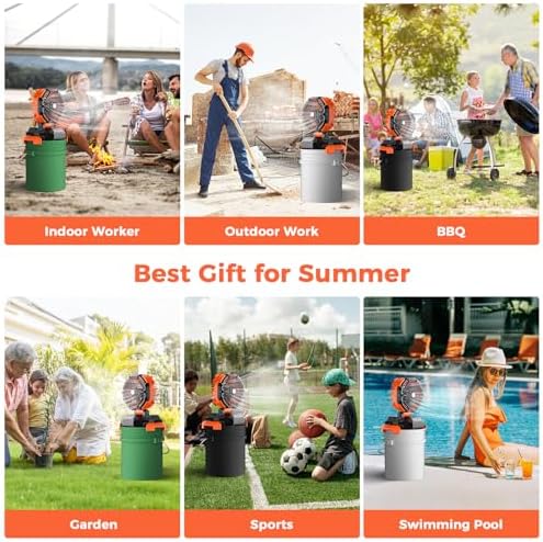 Portable Misting Fan, 30000mAh Rechargeable Battery Powered Floor Cooling Fan with 4 Strong Winds, 4 Spray Mister, Adjustable Base for 10-13in Bucket for Camping, Beach, Patio (No Bucket)- Orange