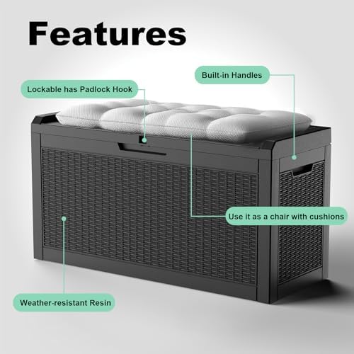ROJIK Outdoor Storage Housing Deck Box,Waterproof Patio Furniture, Garden Tools, Cushions, Pool Accessories Storage Bench with Lockable Lid and Side Handles (Black,60 Gallon)