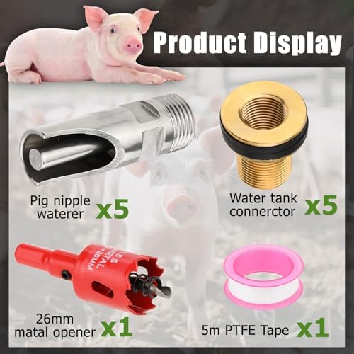 Pig Nipple Waterer, 5 Pcs Stainless Steel Automatic Hog Drinker Feeder Kit for Barrel with Brass Water Tank Connector Bulkhead Fitting for Hog Piglets Goat Waterering System