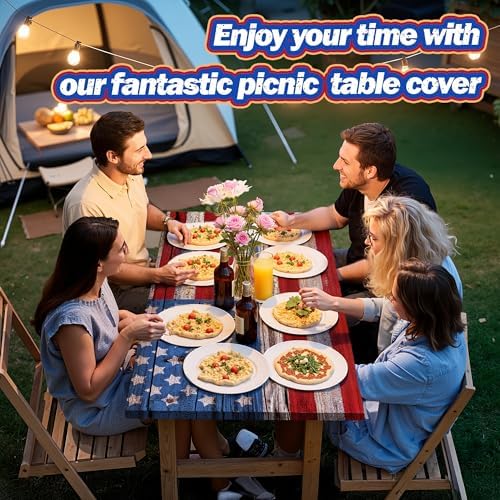 Picnic Table Cover with Bench Covers American Flag Waterproof Windproof Fitted Outdoor Tablecloth with Elastic Rectangle Table Cloth Camping Accessories,72x30 Inch