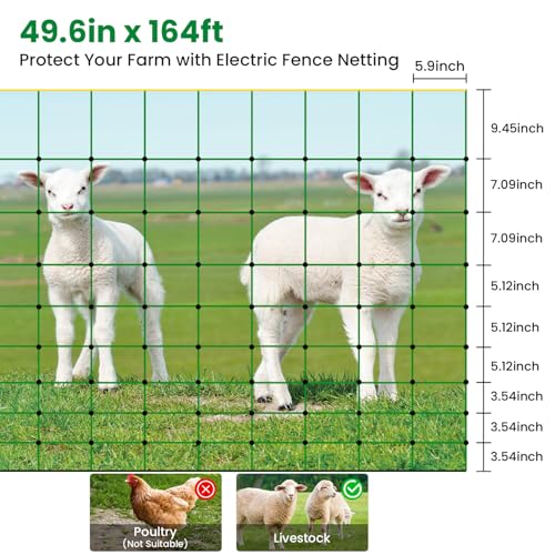 Electric Fence Netting, 49.6" H x 164'L Portable Livestock Nets for Cattle, Sheep, Goat, Hogs, Larger Animals, Electric Fencing with 14 Pre-Assembled Double-Spiked Posts for Backyards, Ranches, Farms