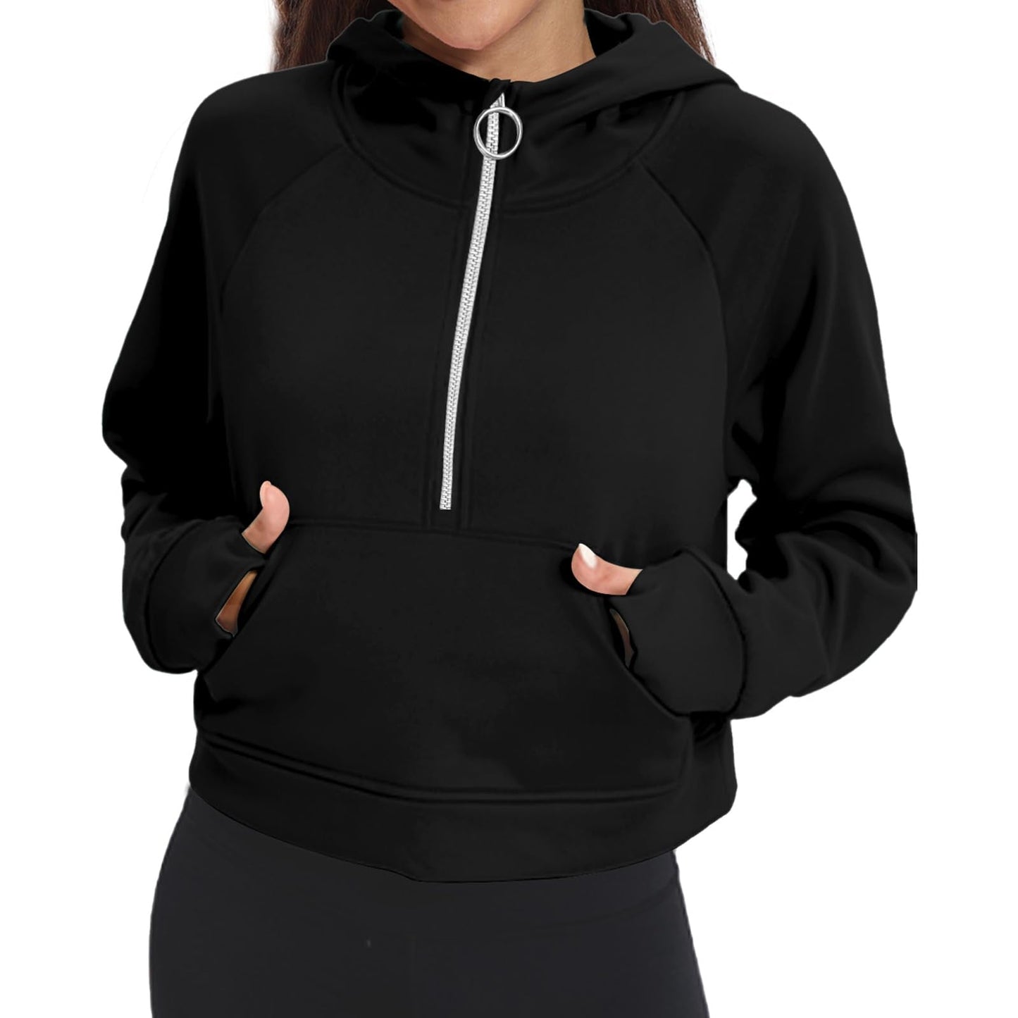 FKEEP Womens Half Zip Hoodies Quarter Zipper Up Cropped Sweatshirt Long Sleeve Athletic Pullover Tops with Thumb Hole(Black,Large)