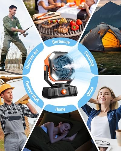 Misting Fan, Portable Outdoor Fans with Remote, 20000mAh Rechargeable Battery Portable Fan for Outdoors Patios, Camping Fans 270° Adjustable, Hanging & Lighting for Outdoor Indoor cooling
