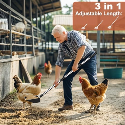 Metal Chicken Poop Scooper Heavy Duty Sifting Shovel Chicken Accessories Cleaning Tools Adjustable to 41.3" Long Handle Poop Shovel for Poultry Litter Scooper Supplies