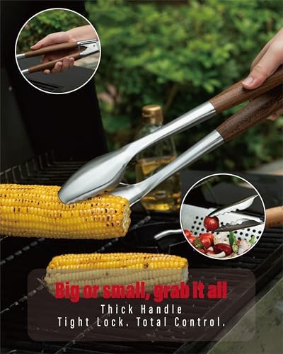 Heavy-Duty Dikela Wooden BBQ Grilling Tools Set. Extra Thick Stainless Steel Multi-Function Spatula, Fork & Tongs | Essential Accessories for Barbecue & Grill. Ideal Gift for Father