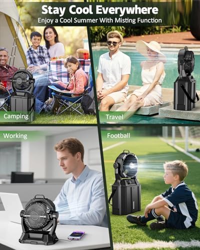 Portable Misting Fan with Remote, Camping Mister Fan for Outdoors Patios, Rechargeable Battery, 4 Spray Outlets, 3 Lights Modes, Stepless Speed and Timer for Fishing/Golf/Garden/Party/Office