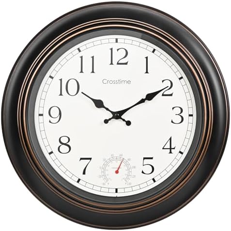 Large Outdoor Clock Waterproof 18" - Retro Indoor Outdoor Wall Clocks with Thermometer for Patio Pool Garden Living Room Decor,Bronze