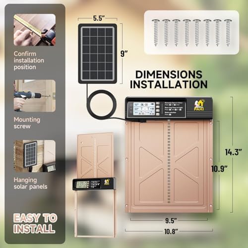 FAKI Automatic Chicken Coop Door Solar Powered with Timer Light Sensor, 2000mAh Battery and 4 Modes, Anti-Pin Brown.