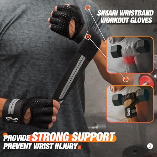 SIMARI Breathable Workout Gloves for Men Women, Padded Weight Lifting Gloves with Wrist Wraps Support, Full Palm Protection, Grip for Gym Training, Fitness, Weightlifting, Exercise Fingerless Black