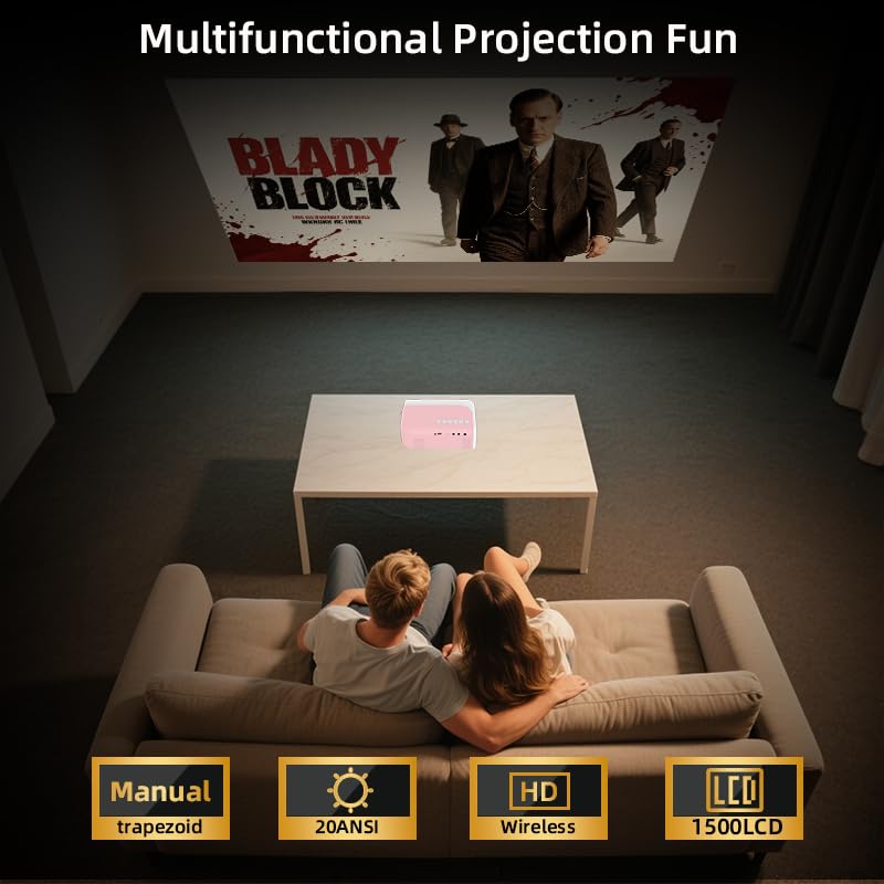 Mini Projector, HD 1080P WiFi Video Projector, Portable Outdoor Projector with Tripod, Gift for Kids, Home Theater Movie Phone Projector Compatible with USB, AV, Smartphone/Tablet/Laptop (pink)