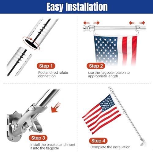 Stainless Steel Flag Pole Kit, 6Ft Thickened Flagpole Wall Flag Holder with Non Tangle Flagpole Spinners for Outside House,Two-Position Residential Wall Mount Flag Poles Accessories,Flag Stick(Silver)