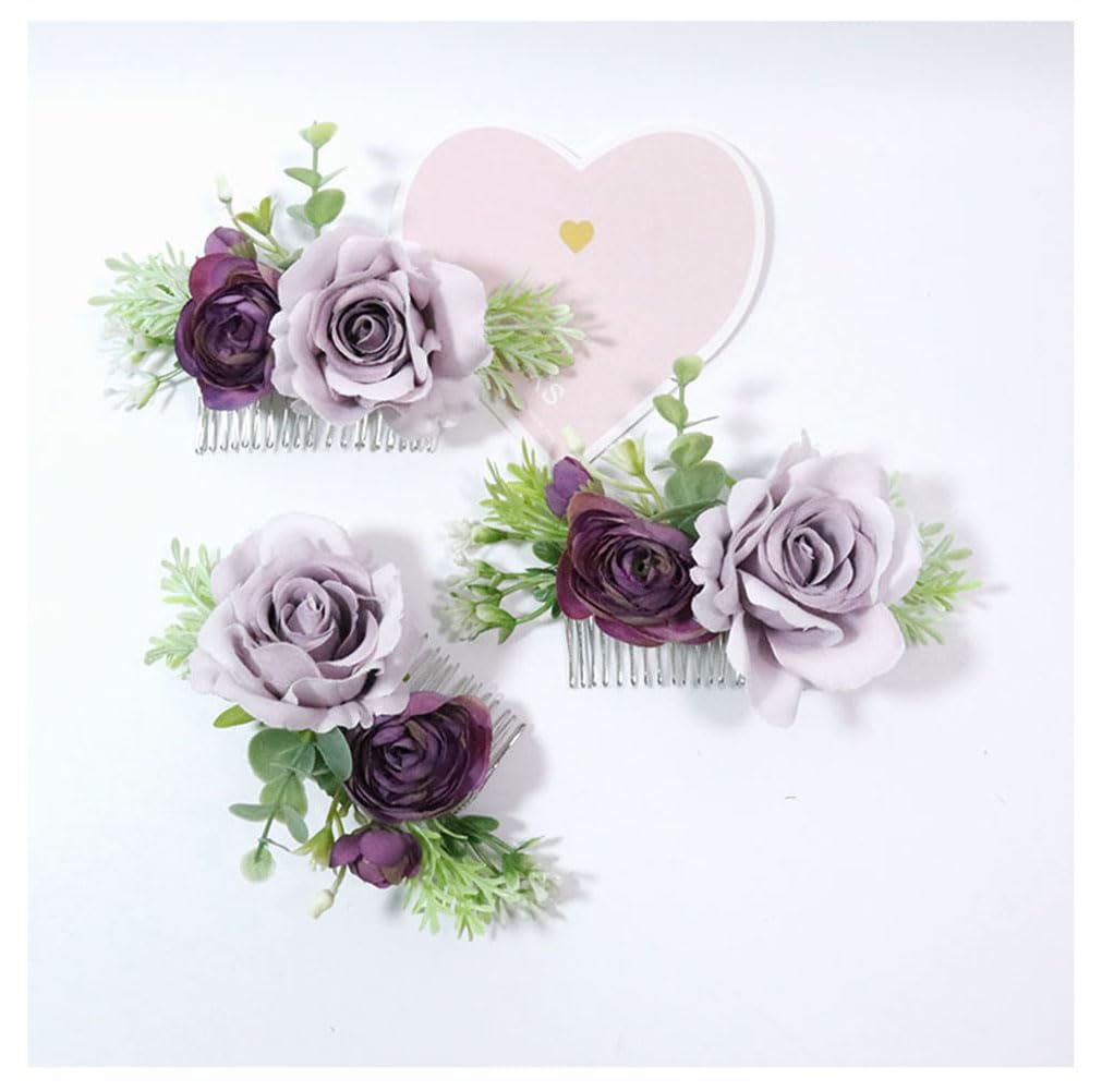MAFELOE Women Hair Side Comb Artificial Flower Accessories for Bridal Wedding-Light Purple+Deep Purple