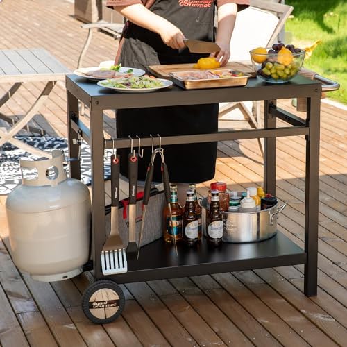 Royal Gourmet Dining Cart Table with Double-Shelf, Movable Stainless Steel Flattop Grill Cart, Hooks, Side Handle, Multifunctional PC3401B (Black)