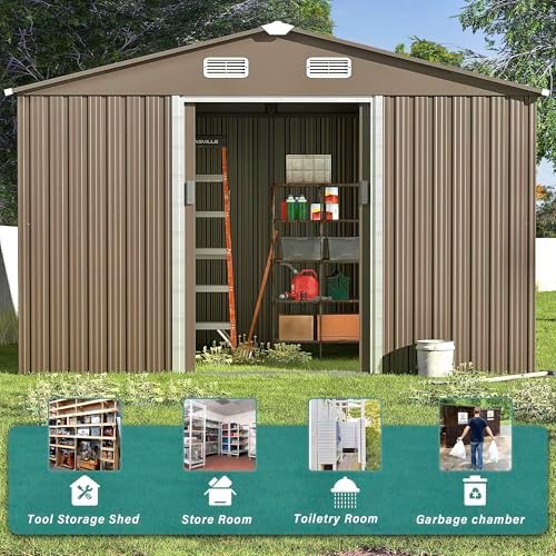 Gotland 10FT x 8FT Metal Storage Shed, Outdoor Storage Shed with Lockable Slide Doors & 2 Windows, Utility and Tool Shed with Slooping Roof for Garden, Backyard, Patio, Lawn