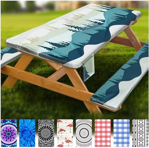 Fitted Picnic Table Cover with Bench Covers Waterproof Elastic Edges Rectangle Patio Tablecloth Outdoor Camping Essentials Stuff Rv Accessories Summer Trip Travel Supplies Party Camper Gifts, 6 ft