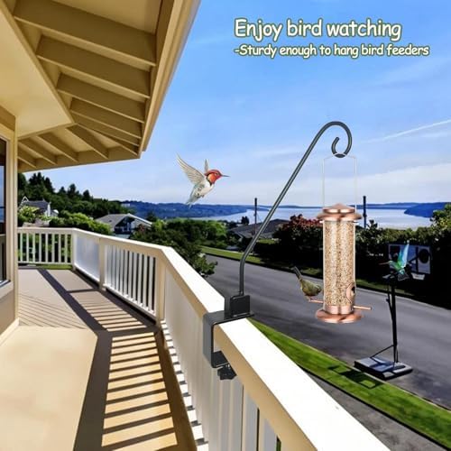 Heavy Duty Deck Hook,Courtyard Decoration,Pole 16.5”Long Metal Deck Railing Hooks for Hanging Bird Feeders,Planters,Suet Baskets,Lanterns,Wind Chimes,Clamp Mounted,Under 18 LBS