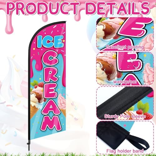 Ice Cream Advertising Feather Flag 7 ft Advertising Swooper Flag Banner Signs with Pole and Ground Stake for Store Business Outside