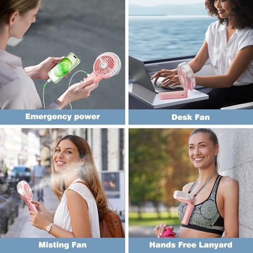 HandFan 4000mAh Handheld Misting Fan, 50ml Water Tank, Rechargeable Personal Mister Fan Portable AC, Spray Water Mist Fans, Foldable Cooling Ice Fans for Beach Travel Outdoors(Pink)