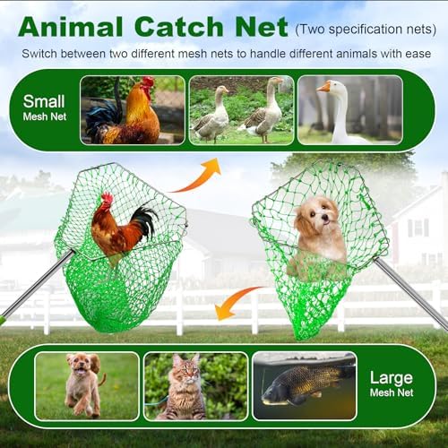 Chicken Catching Net – 2-in-1 Combo with Coarse and Fine Mesh Nets, Extendable from 29” to 68” – Stainless Steel Frame for Catching Ducks,Small Dogs, Cats, and Fish. Essential Coop Accessory