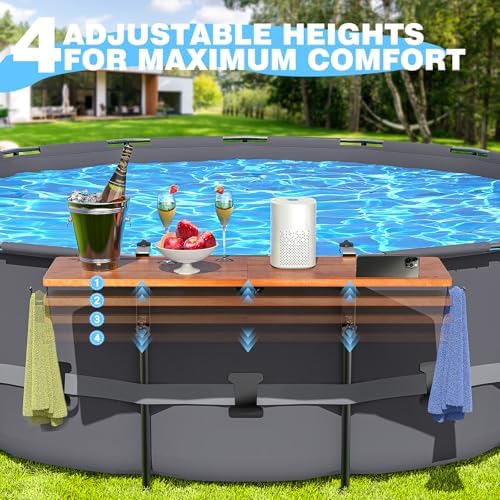 Above Ground Pool Bar Table, Acacia Solid Wood Foldable Poolside Bar, Fits Round or Oval Top Rail 3.7" or Less, Swim Up Bar Shelf Holds up to 110LBS, Frame Above Ground Pool Accessories