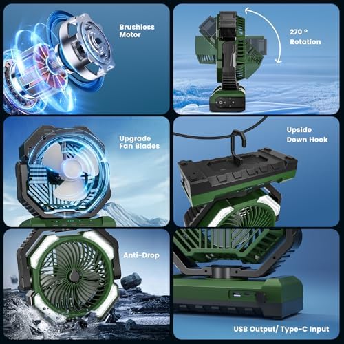 20000mAh Portable Misting Fan, USB Rechargeable Camping Fan with LED Light, Personal Battery Operated for Outdoor, Tents, Beach, Travel - 250mL Water Tank & Hook Included, Green.