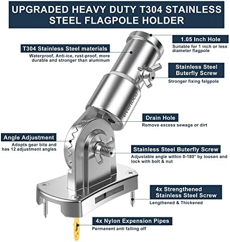 Heavy Duty T304 Stainless Steel Flag Pole Bracket - 180° Adjustable Flag Pole Holder for House with Two Installation Methods, Flag Holder for 1" Inner Diameter Pole, Wind Resistant &Rust Free