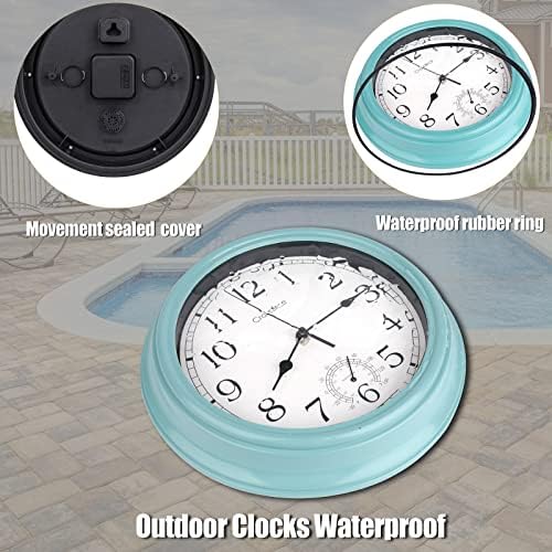 12 Inch Outdoor Clock Waterproof with Thermometer,Vintage Indoor Outdoor Wall Clocks for Patio,Pool,Garden,Home Decor-Teal