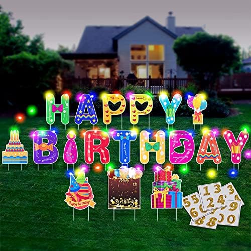 HOMENOTE 18Pcs Happy Birthday Yard Signs with Stakes 16”Large Size,LED Lights 2 x 5 m and Personalized Signs, Birthday Letters for Yard Lawn Outdoor Decoration Party Supplies