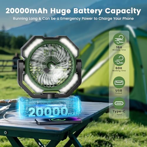 20000mAh Portable Misting Fan, USB Rechargeable Camping Fan with LED Light, Personal Battery Operated for Outdoor, Tents, Beach, Travel - 250mL Water Tank & Hook Included, Green.