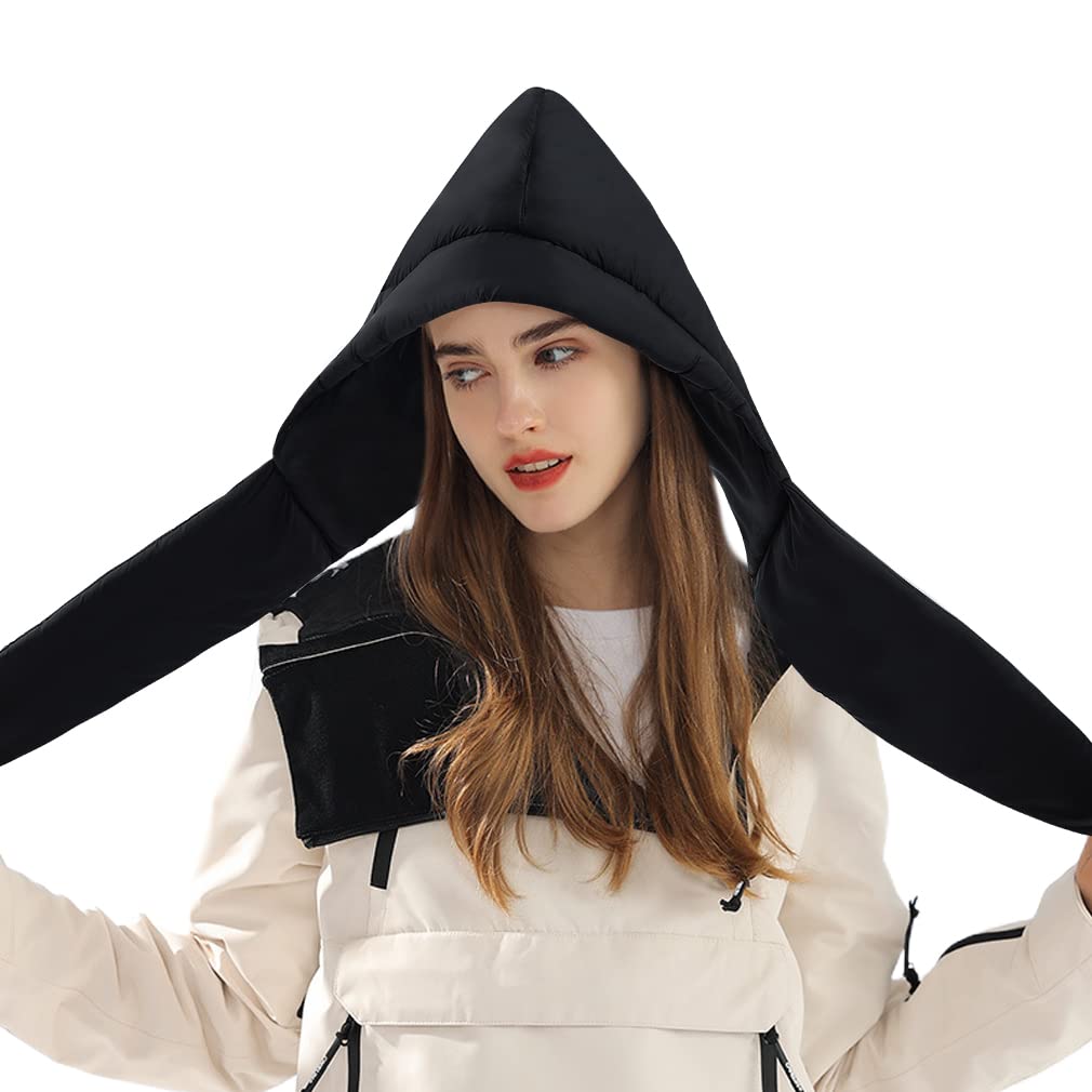 DOCILA Plain Black Hood Down Hat Women Soft Natural Babushka Hoodies Beanie Ultralight Neck Ear Protection Balaclava Warmer Padded Hooded Scarf with A Tie Under The Chin