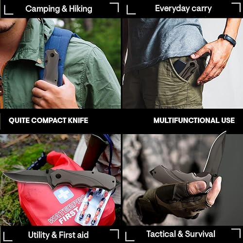 Grand Way Tactical Knife for Men - Black Pocket Knife - Best Spring Assisted Knife with Glass Breaker and Pocket Clip - Cool Folding Knives for Military Work Camping - Birthday Gifts for Dad 6495 B