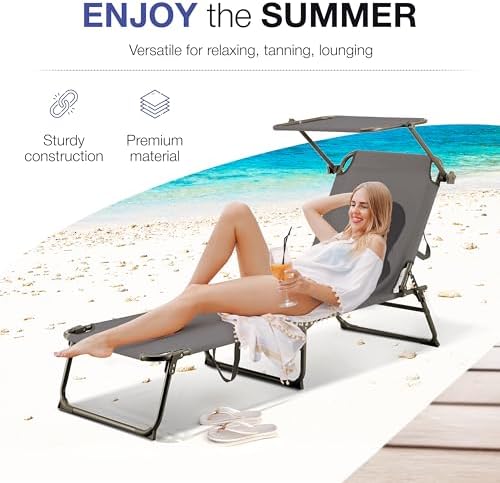 Folding Outdoor Lounge Chair with Canopy - Portable & Adjustable Beach Lounge Chair - 5-Positions, Carry Handles, 600D Fabric, 265 lbs Capacity – Tanning Chaise Lounge for Beach, Patio, Lawn