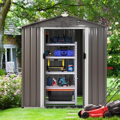 Shintenchi 6x4 FT Outdoor Storage Shed with Window, Lockable Outdoor Waterproof Tool Storage Sheds, Weather Resistant Tool Storage House Shed for Garden, Backyard, Patio Utility and Tool Storage, Gray