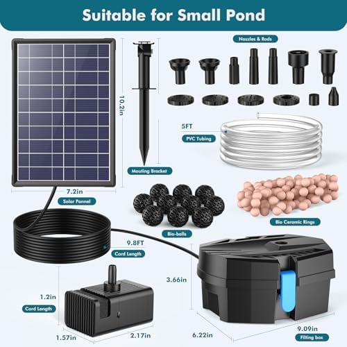 POPOSOAP Solar Pond Filter Built-in 3000mAh Battery Backup, 8W Solar Pond Filter with Water Pump, Pond Filter with Water Shortage Protection & Clear Tubing for Ponds Fish Tank Bird Bath Garden